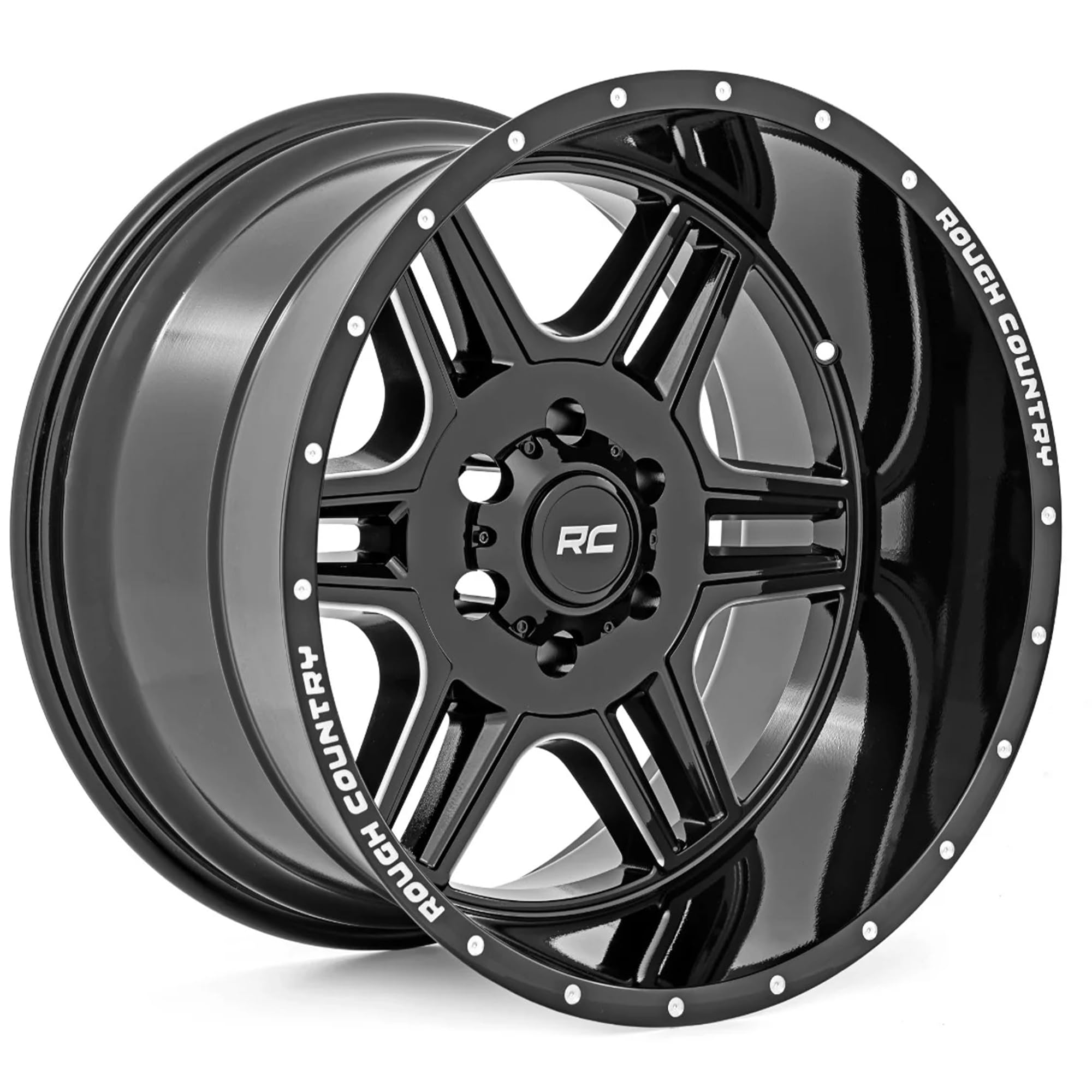 92 Series Rough Country Wheel - 18x9, 6x5.5 Bolt Pattern, +0mm Offset, Single-Piece Aluminum, Gloss Black with Milled Accents