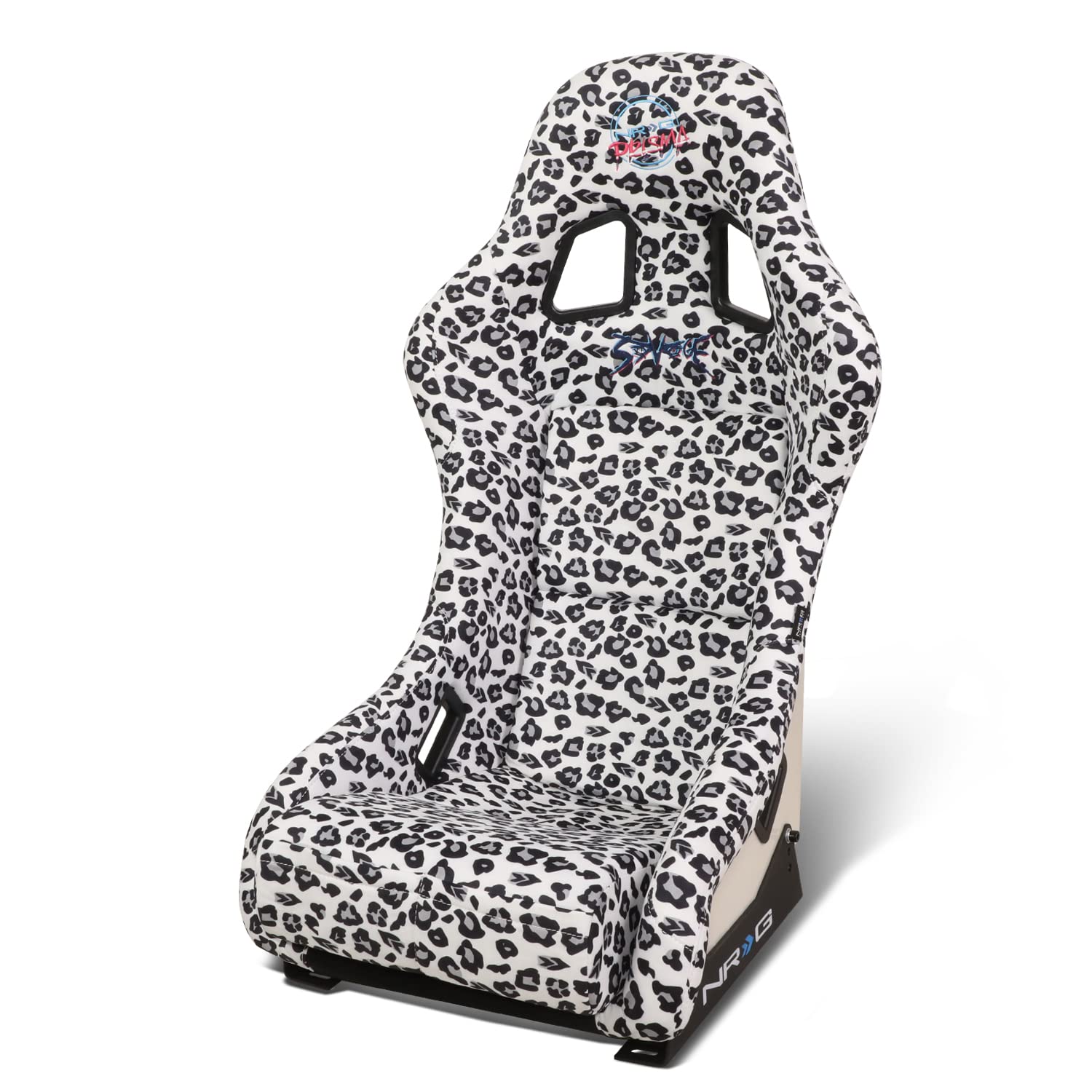 NRG Innovations Prisma FRP-303-WT-SAVAGE Fixed Back Bucket Racing Seat with Bottom Mount Bracket, White Savage Leopard Print Fabric/White Pearl Back