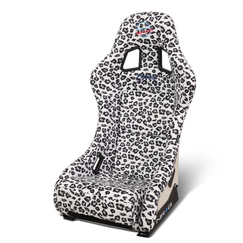 NRG Innovations Prisma FRP-303-WT-SAVAGE Fixed Back Bucket Racing Seat with Bottom Mount Bracket, White Savage Leopard Print Fabric/White Pearl Back