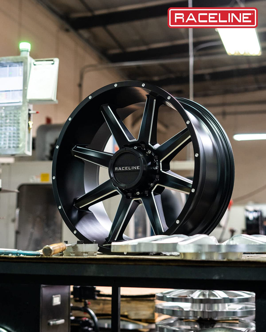 Satin Black Raceline Wheels 954M STRYKER Wheel 17X8.5"8X165.1 Bolt Pattern 0mm Offset/(4.75"B/S) 8 Spoke Aluminum Passenger Car Wheels, Full Size Replacement Black Car Rims