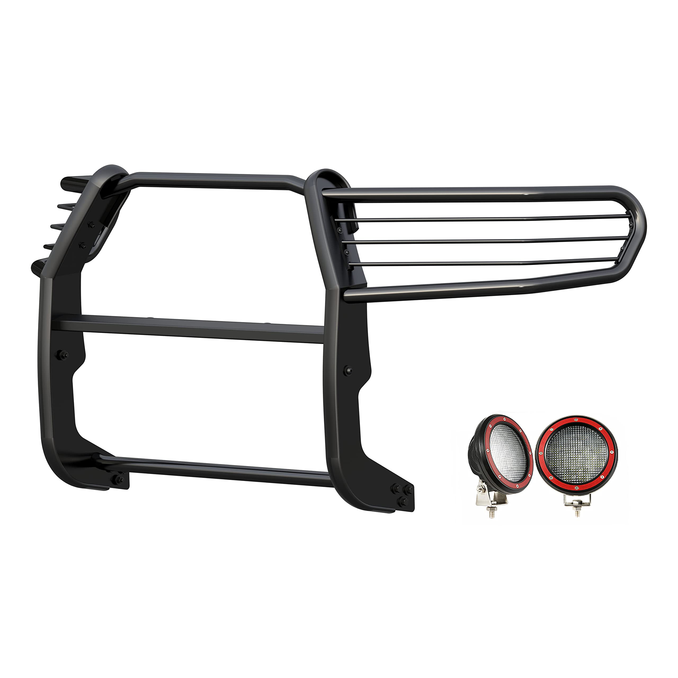 Black Horse Grille Brush Bumper Guard Black Modular Come with Pair of 5.3" Dia.LED Lights with Red Trim Rings Compatible with 2016-2023 Toyota Tacoma-17A096402MA-PLFR
