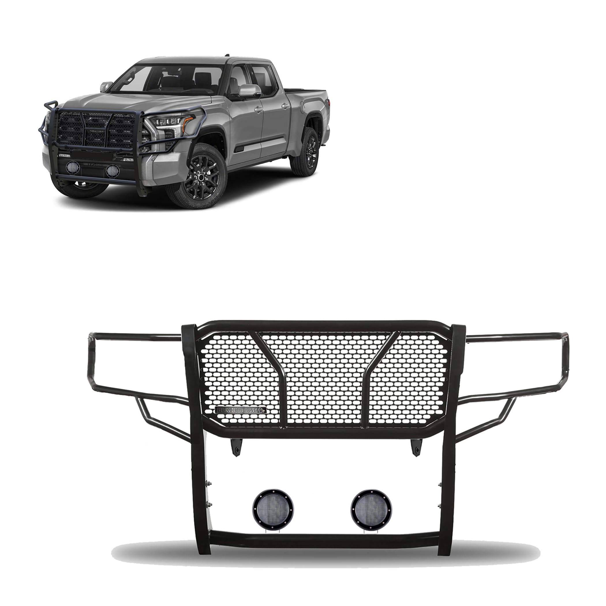 Heavy Duty Black Horse Rugged Grille Brush Bumper Guard Modular Black Come with Pair of 5.3" Dia.LED Lights with Black Trim Rings Compatible with 2022-2024 Toyota Tundra-RU-TOTU22-B-PLFB