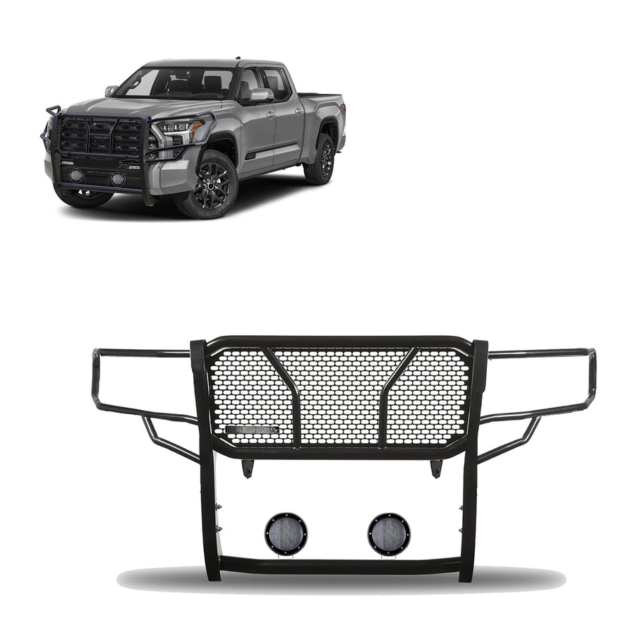 Heavy Duty Black Horse Rugged Grille Brush Bumper Guard Modular Black Come with Pair of 5.3" Dia.LED Lights with Black Trim Rings Compatible with 2022-2024 Toyota Tundra-RU-TOTU22-B-PLFB