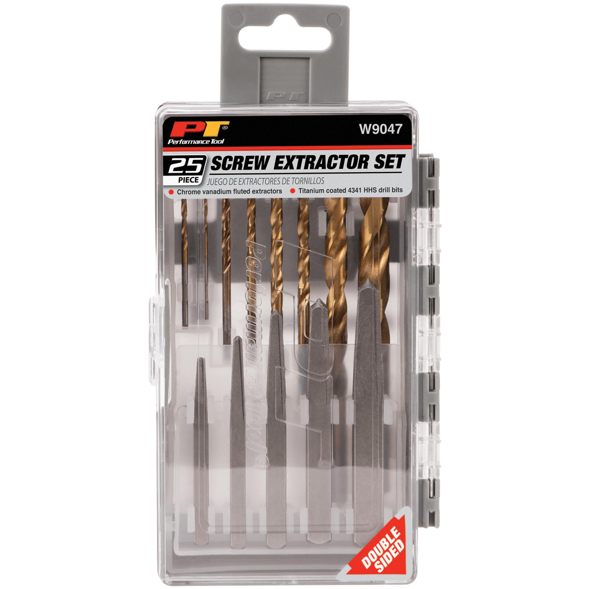 25pc Performance Tool W9047 Screw Extractor Kit with Power and Straight Flute Extractors, Drill Bits, and Driver Bits in a 2-Sided Flip Case