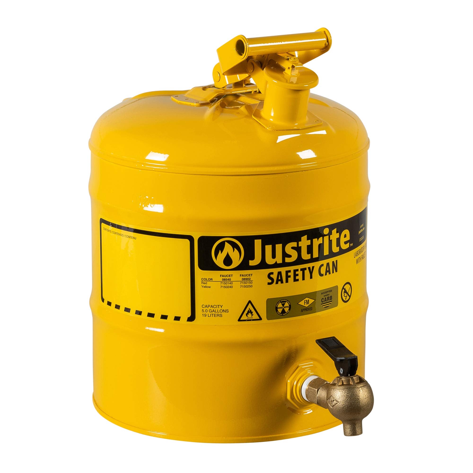 Justrite Type I Galvanized Steel Laboratory Safety Shelf Can with Brass Control Flow Lab Safety Bottom Faucet, 5 Gallon Capacity, Yellow