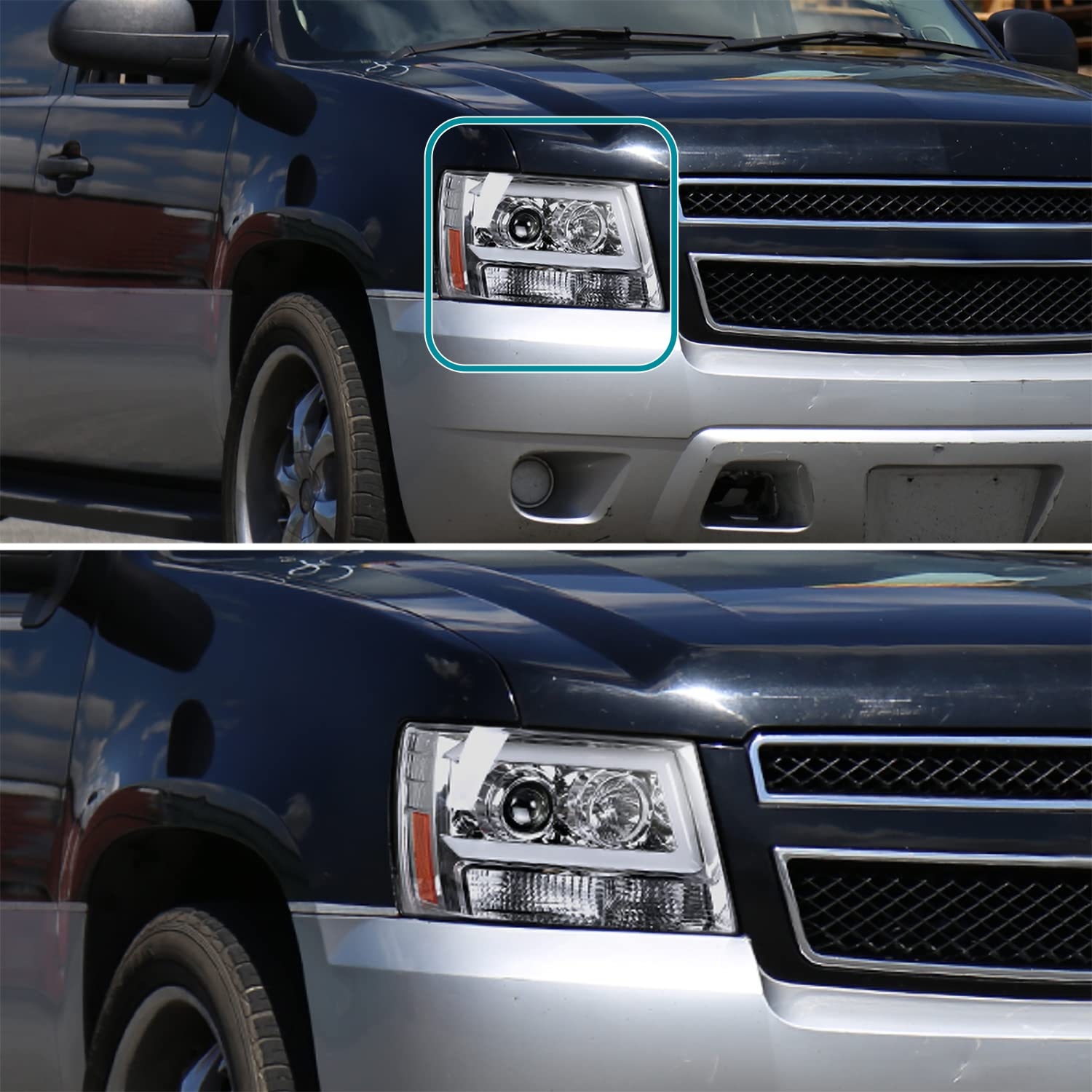Chrome LED Bar Projector Headlights SPEC-D TUNING Compatible with 2007-2014 Chevy Avalanche, Tahoe, Suburban, Left + Right Pair Headlamps Assembly