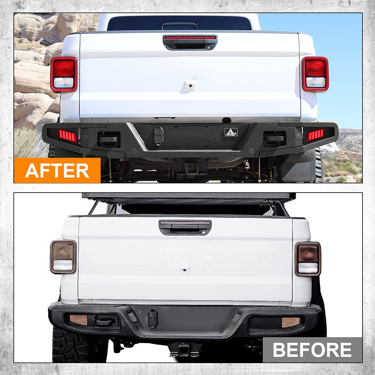 Rear Bumper WOLFSTORM Compatible with 2019 2020 2021 Jeep Gladiator JT, Rock Crawler Full Width with 2 Led Lights/Hitch Receiver