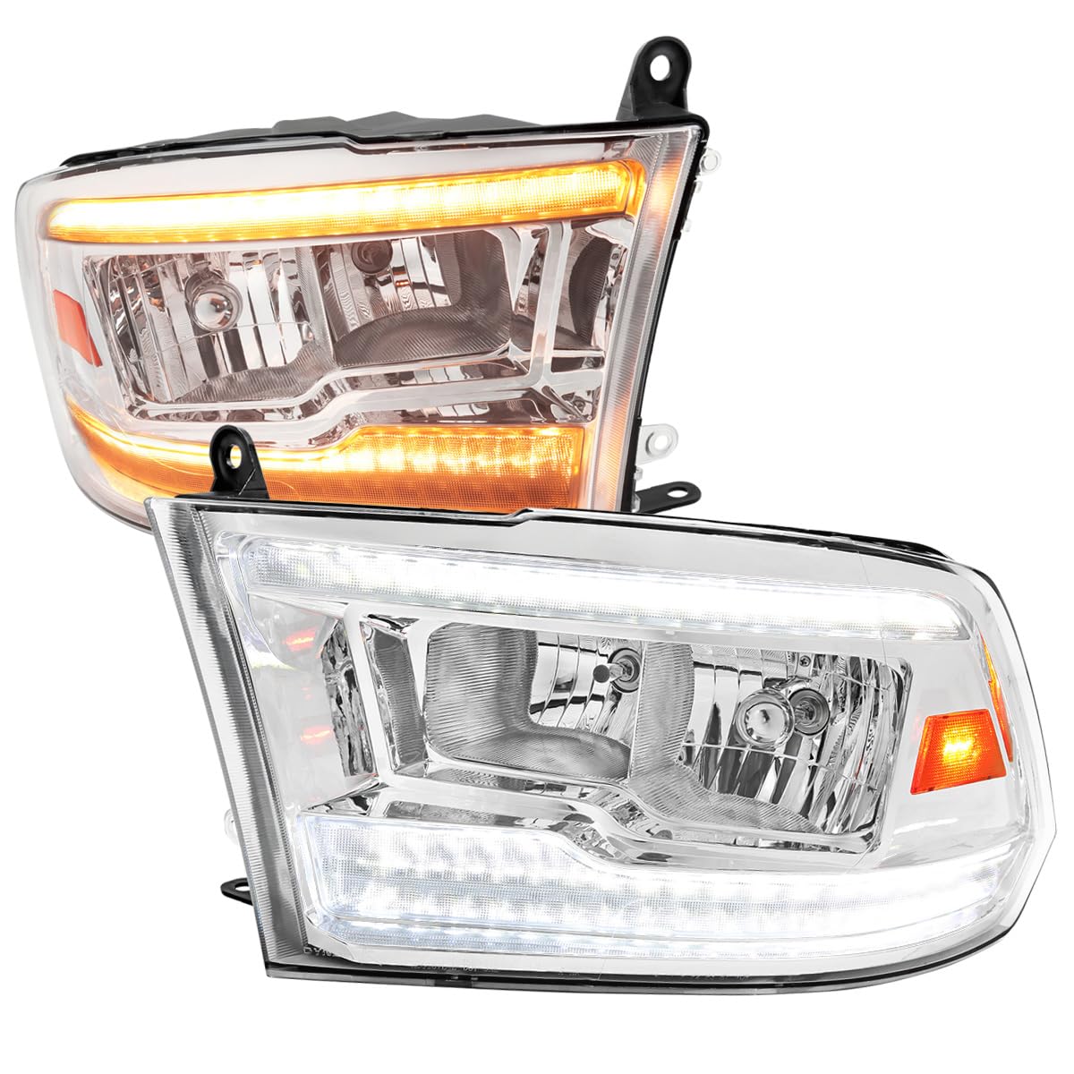 Switchback Sequential LED Signal Strip Headlights SPEC-D TUNING w/Startup Animation Compatible with 2009-2018 Dodge Ram 1500, 2010-2018 Ram 2500 3500, Left + Right Pair Headlamps Assembly