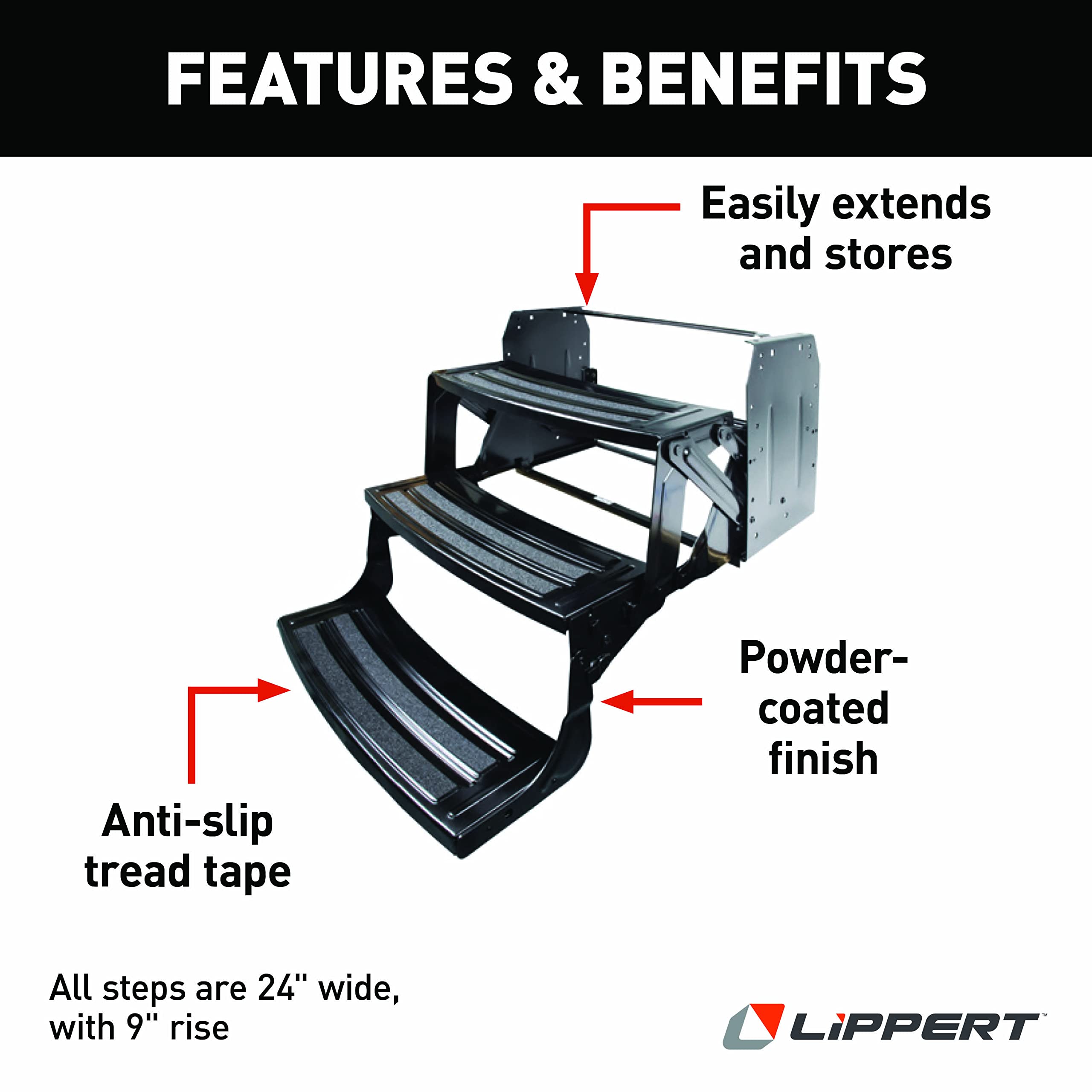 24" Radius Lippert Triple Manual RV Steps, 9" Rise for 5th Wheel RVs, Travel Trailers and Motorhomes, Anti-Slip Stepping Surface - 1774401