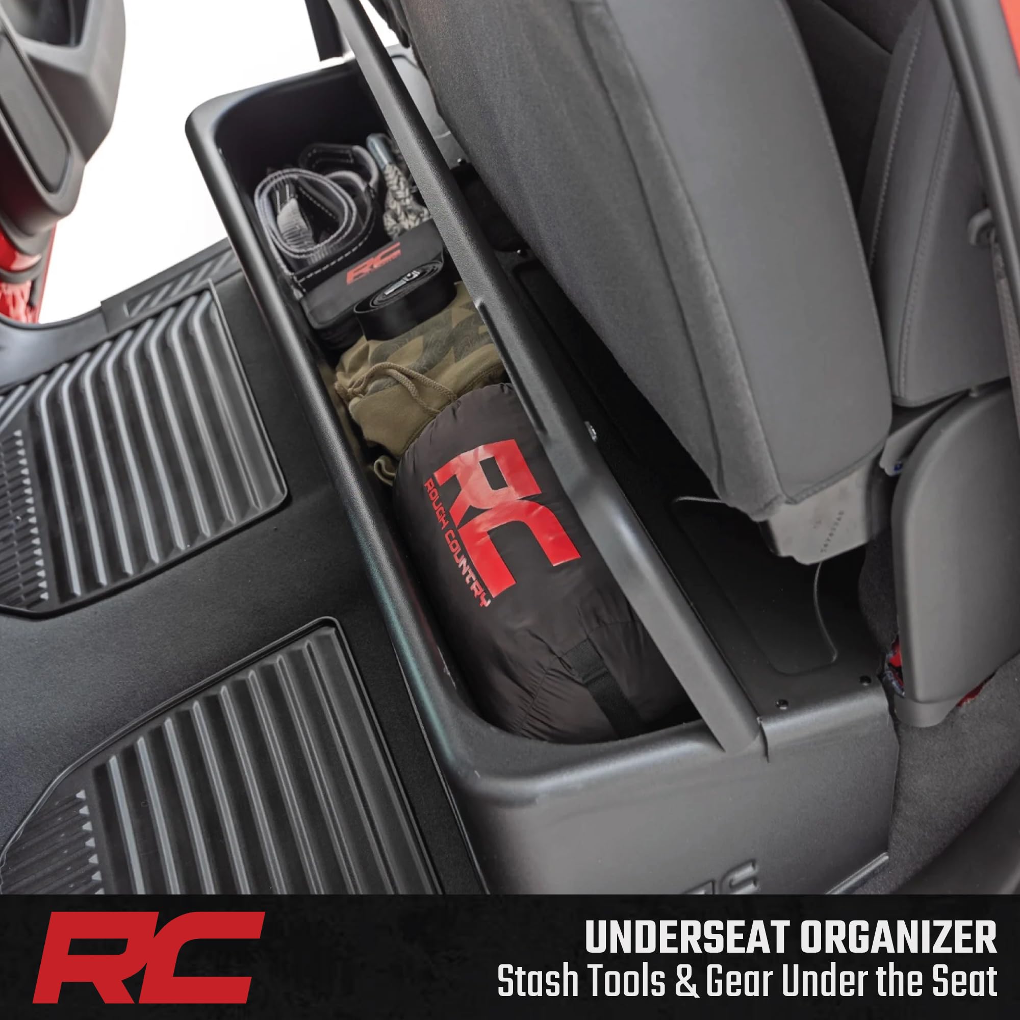 Rough Country Under Seat Lockable Storage for Chevy Silverado & GMC Sierra 1500/2500HD/3500HD Crew Cab (2019-2026 & Refresh) - Custom-Fit Rear Seat Organizer Tray