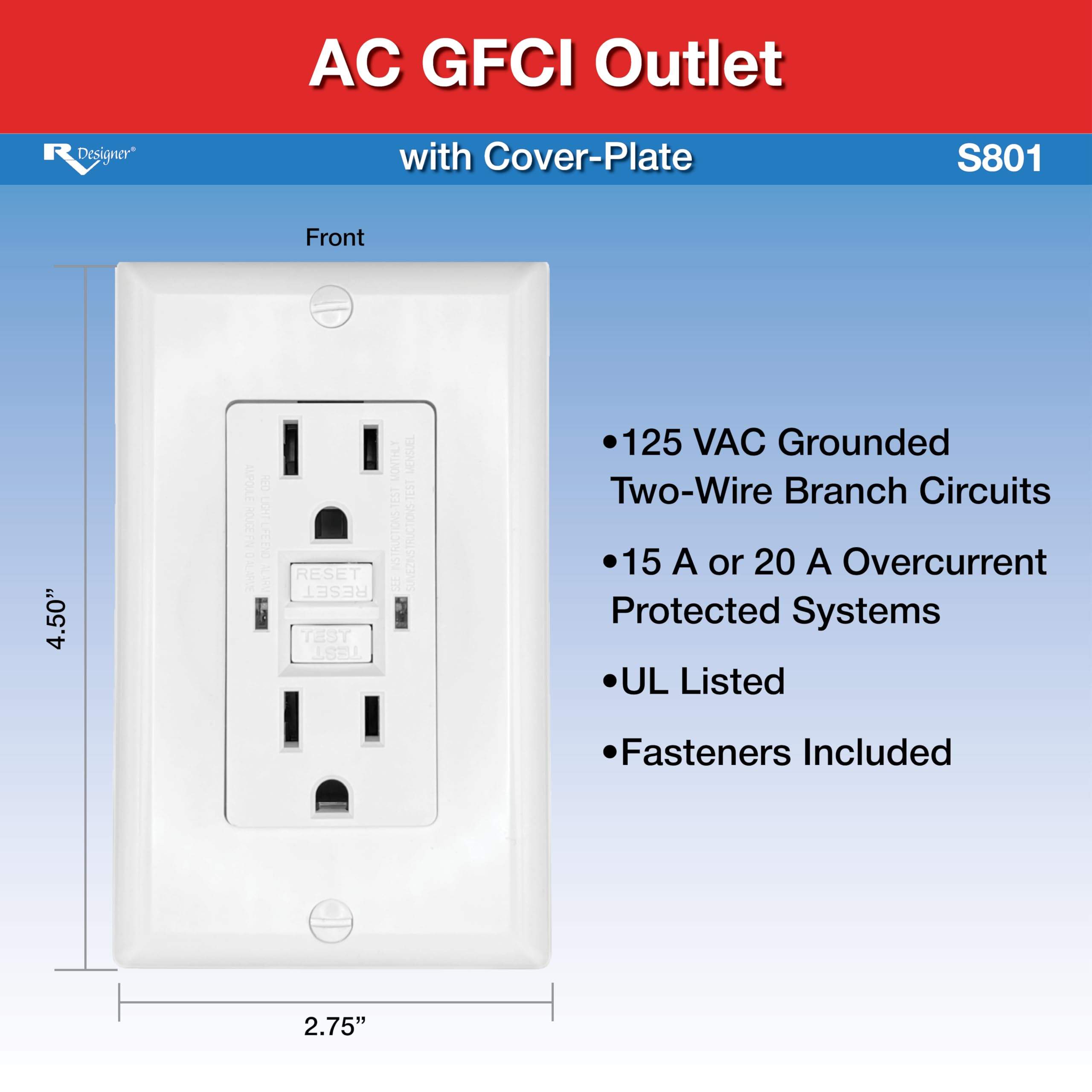 Dual GFCI Outlet S801, RV Designer with Cover Plate, White, AC Electrical