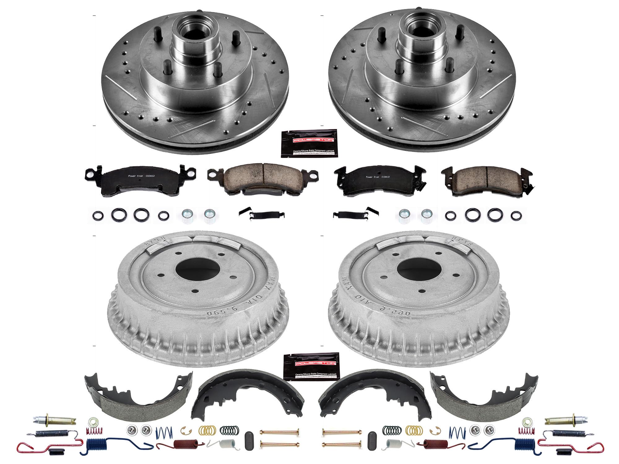 Power Stop K15023DK Z23 Carbon Fiber Brake Pads Front and Rear with Drilled & Slotted Brake Drums Kit For Buick Skyl, Chevrolet Camaro, Chevrolet G10, GMC G15/G1500, Pontiac Firebird [Model Specific]