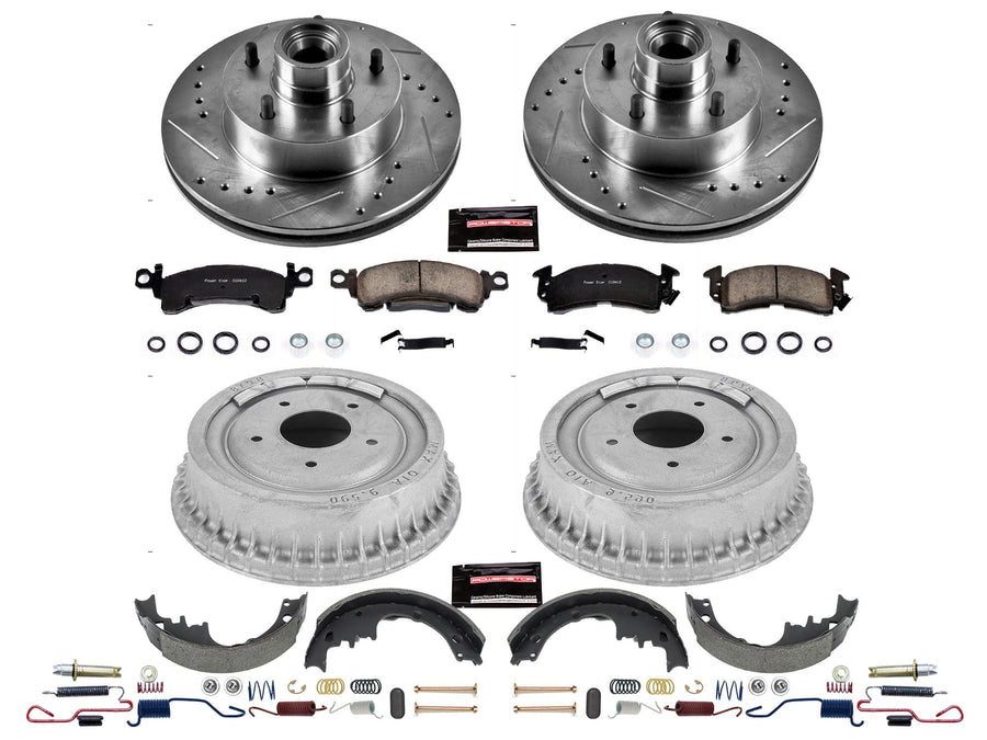 Power Stop K15023DK Z23 Carbon Fiber Brake Pads Front and Rear with Drilled & Slotted Brake Drums Kit For Buick Skyl, Chevrolet Camaro, Chevrolet G10, GMC G15/G1500, Pontiac Firebird [Model Specific]