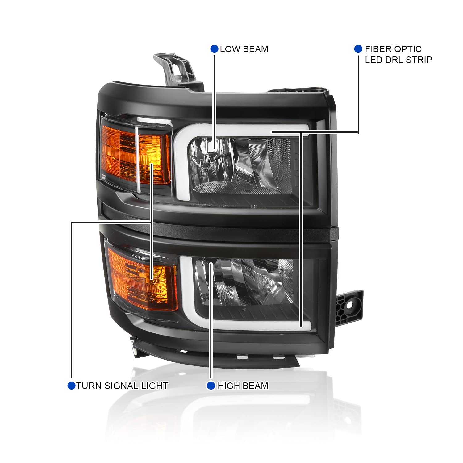Black Headlights w/LED Light Bar and Black Trim SPEC-D TUNING Compatible with 2014-2015 Chevy Silverado 1500, Left + Right Pair Headlamp Assembly