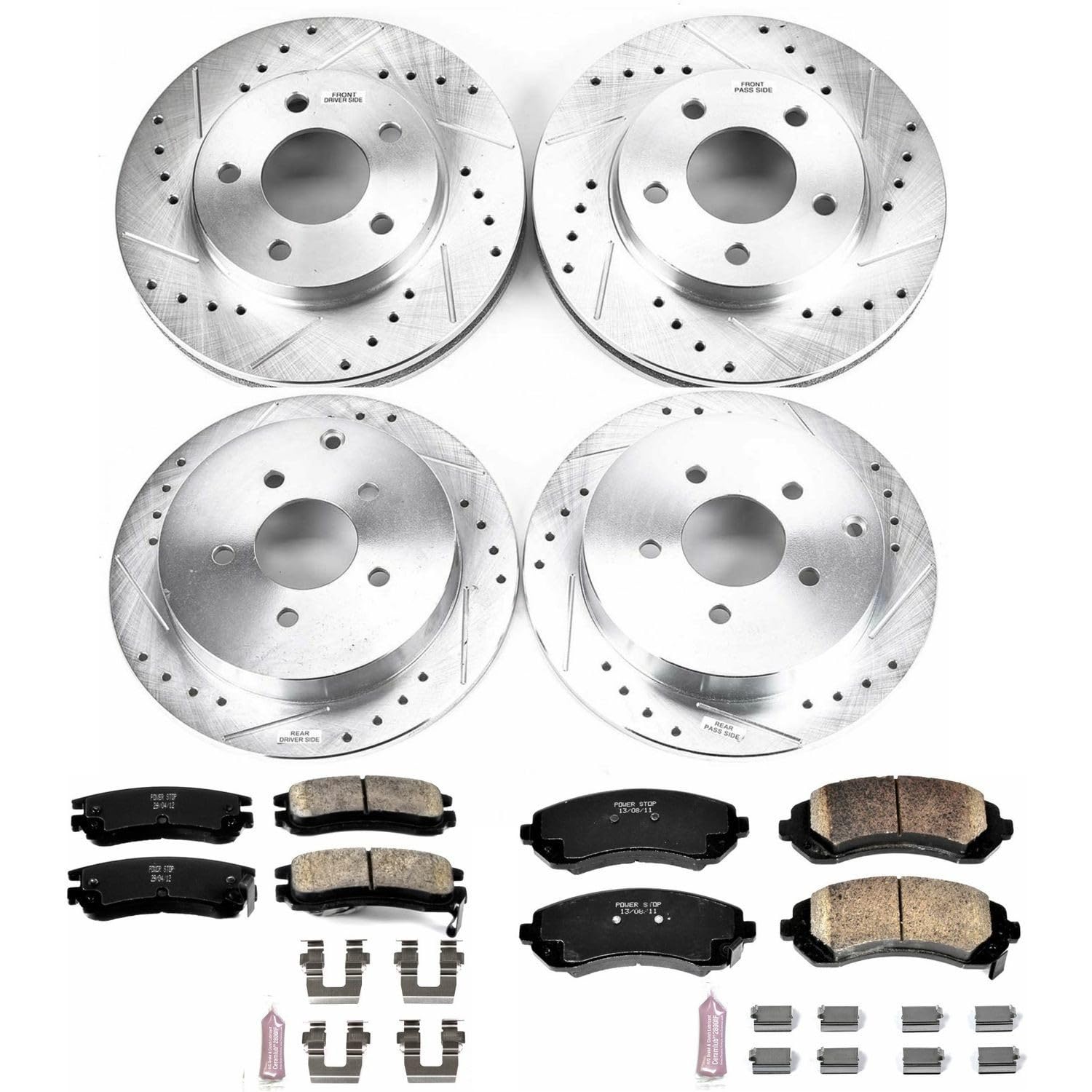 Power Stop K4382 Z23 Carbon Fiber Brake Pads Front and Rear with Drilled & Slotted Brake Rotors Kit For Buick Rendezvous 2002-2007 [Model Specific]