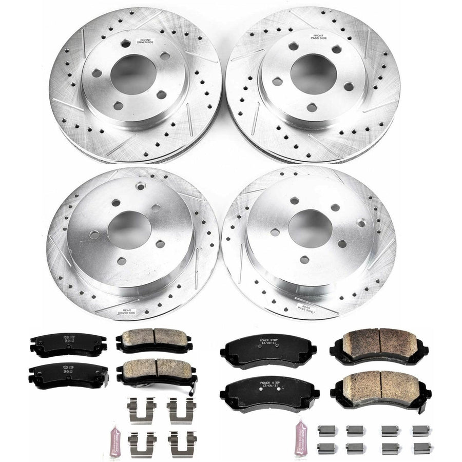Power Stop K4382 Z23 Carbon Fiber Brake Pads Front and Rear with Drilled & Slotted Brake Rotors Kit For Buick Rendezvous 2002-2007 [Model Specific]