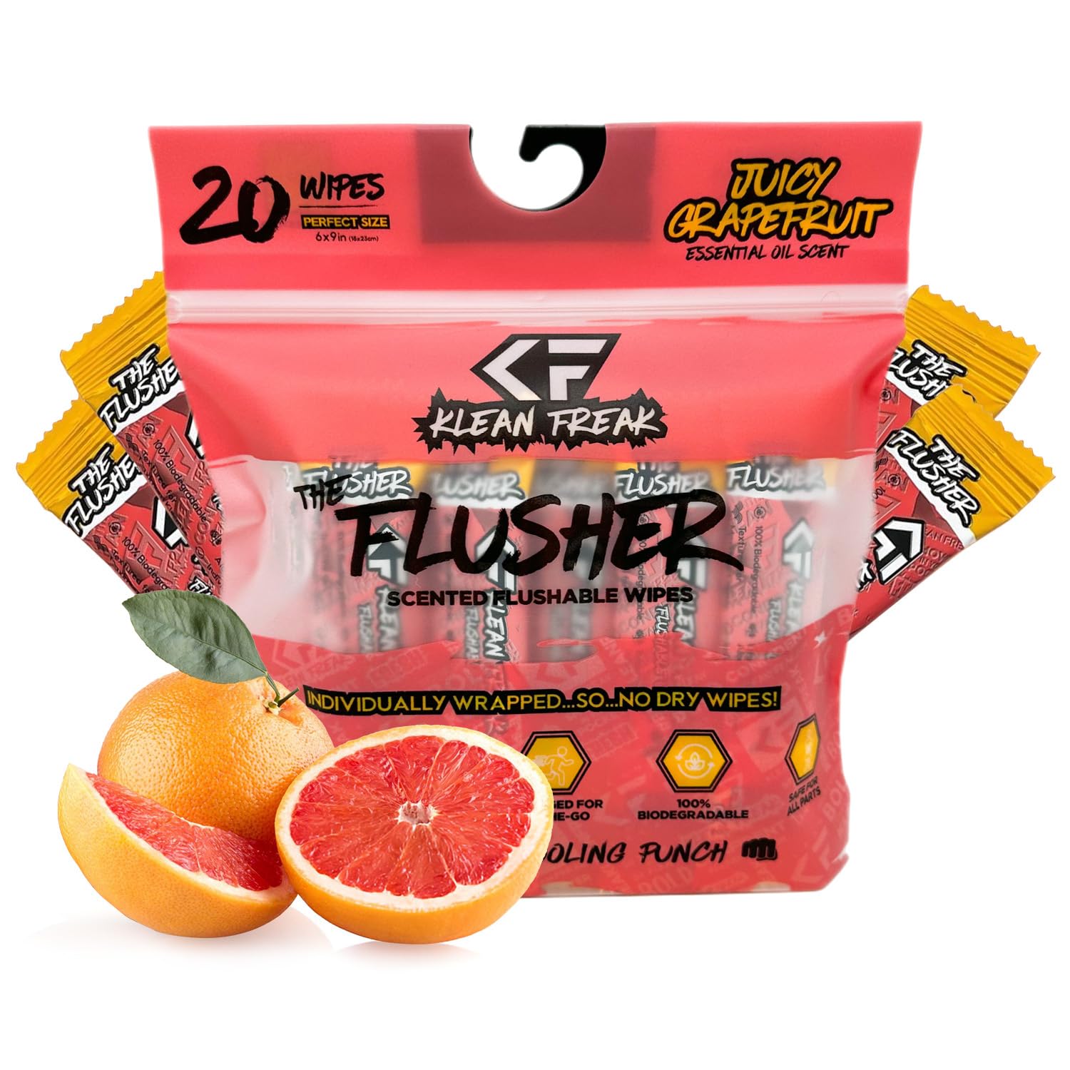 FLUSHABLE WIPES THE KLEAN FREAK - 100% BIODEGRADABLE Individual Wrapped Travel WET Wipe for Toilet - Soothing Aloe & Witch Hazel - Alcohol Free 20 Pack - Juicy Grapefruit