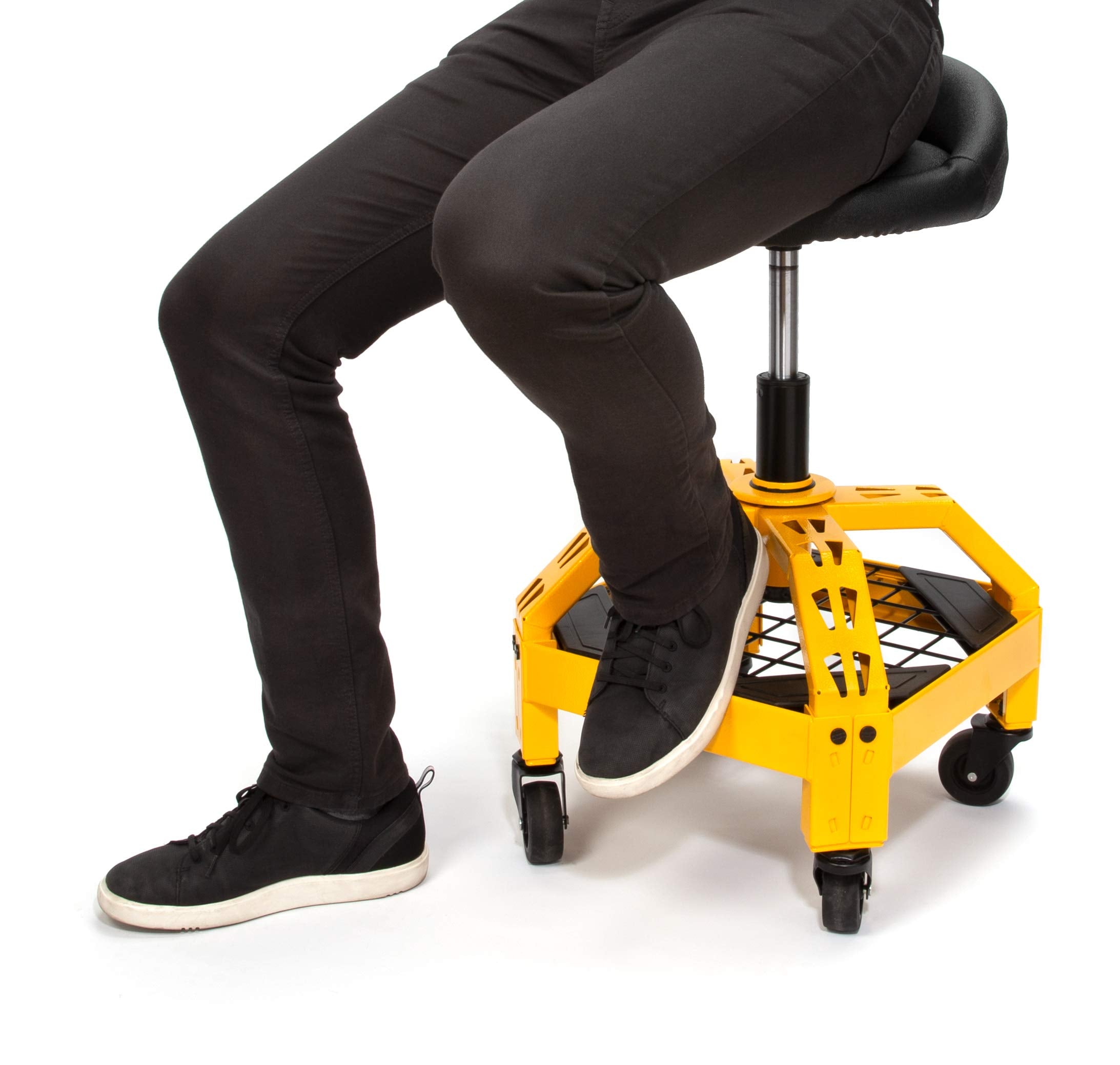 Heavy Duty DEWALT Adjustable Rolling Shop Stool, 360-degree Swivel Industrial Garage Stool with Padded Seat, Storage Shelf, Removable Wheels
