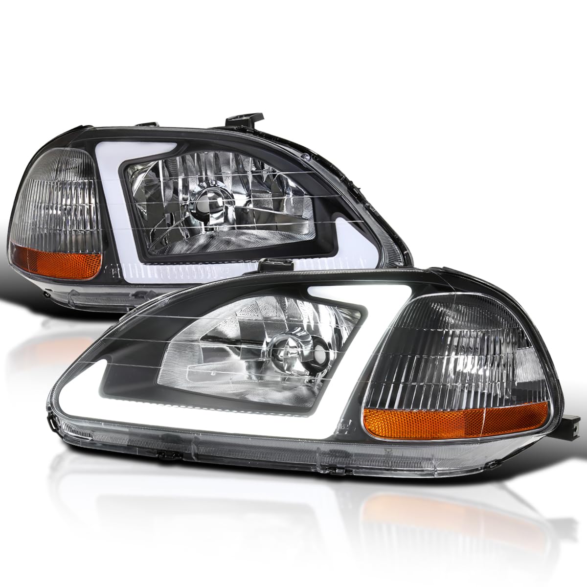 Black Headlights w/LED Tube Bar SPEC-D TUNING Compatible with 1996-1998 Honda Civic 2/4Dr
