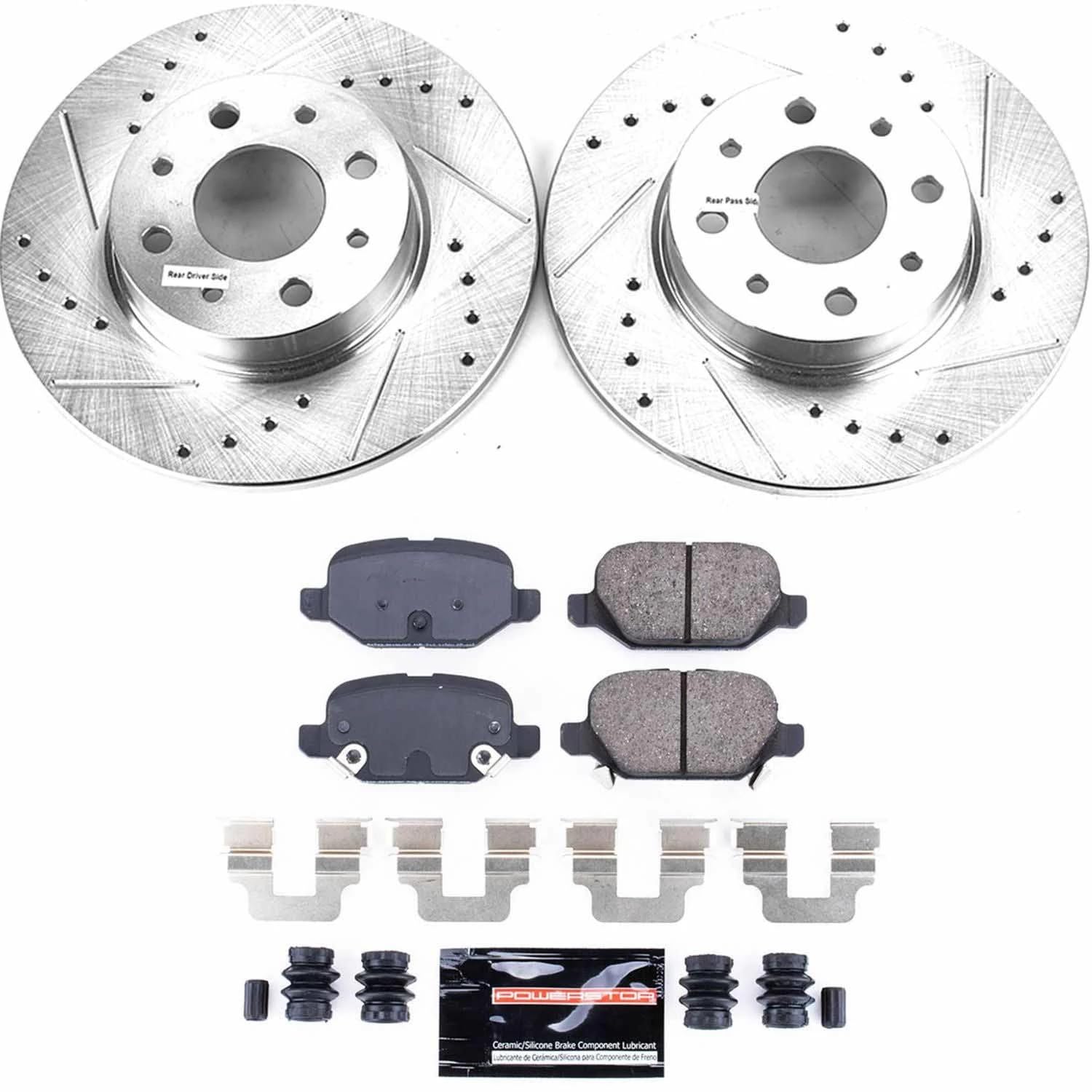 Power Stop K7169 Rear Brake Pads Z23 Carbon Fiber with Drilled & Slotted Brake Rotors Kit For Fiat 500 2013-2019 [Model Specific]