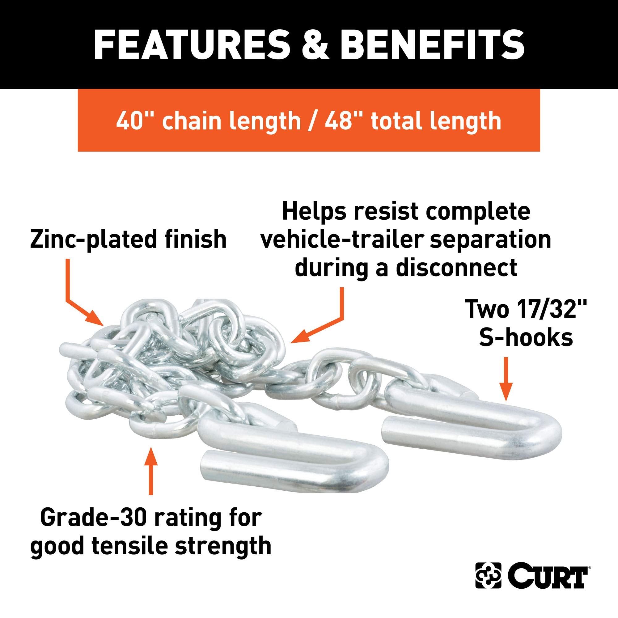 48-Inch CURT Trailer Safety Chain with 17/32-In S-Hooks, 7,000 lbs Break Strength