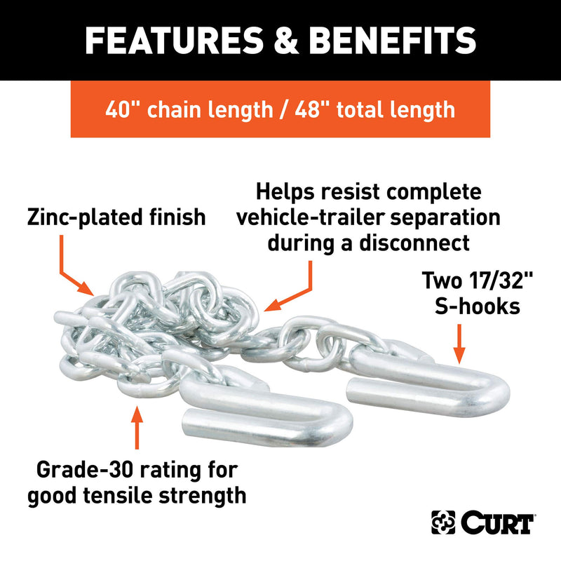 48-Inch CURT Trailer Safety Chain with 17/32-In S-Hooks, 7,000 lbs Break Strength