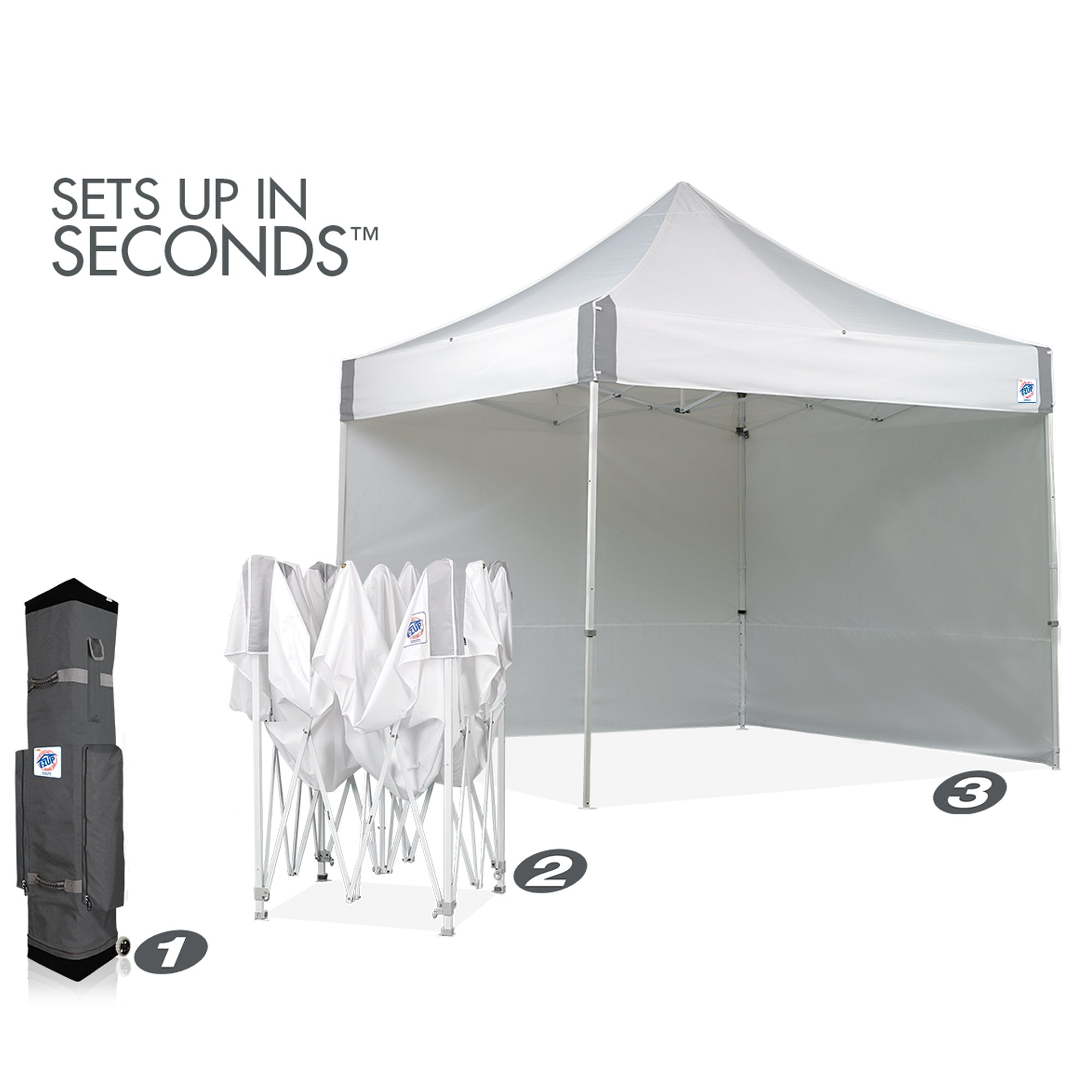 E-Z UP Instant Commercial Pop Up Canopy Tent ES100S, 10' x 10' with 3 Sidewalls, 1 Mid-Zip Sidewall and Wide-Trax Roller Bag, White