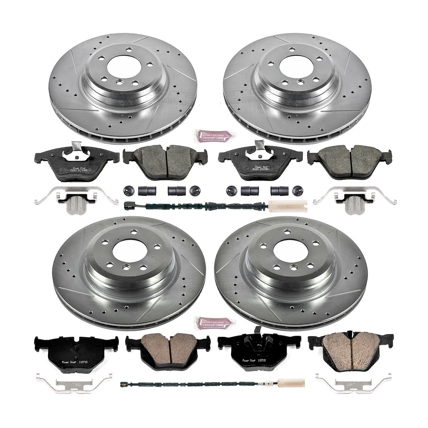 Power Stop K7021 Z23 Carbon Fiber Brake Pads Front and Rear with Drilled & Slotted Brake Rotors Kit and 1 Front & 1 Rear Sensor Wires For BMW X1 2013-2015 [Model Specific]
