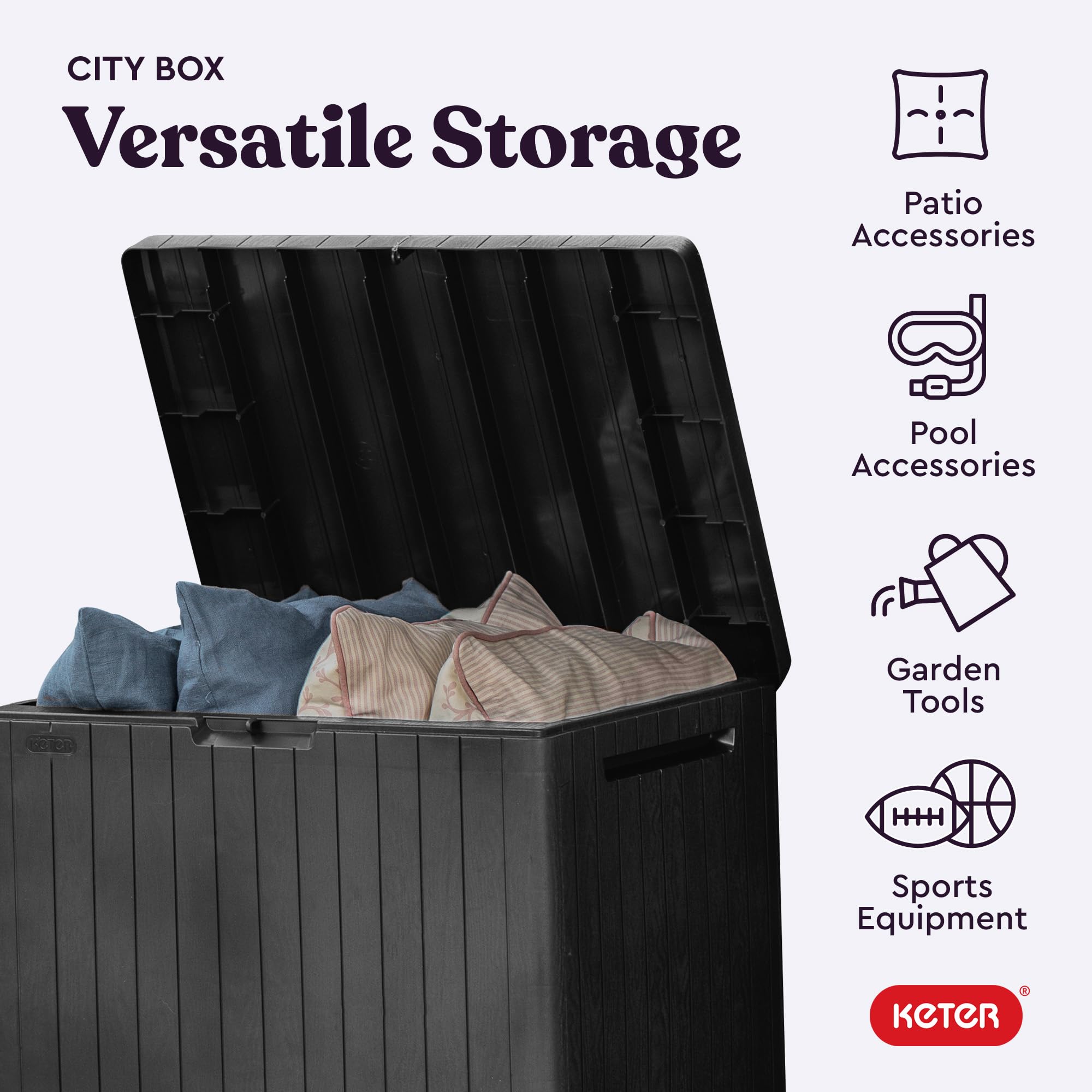 Keter 30 Gallon Resin Outdoor Storage Box and Patio Furniture Side Table for Pool and Garden Accessories, Dark Grey