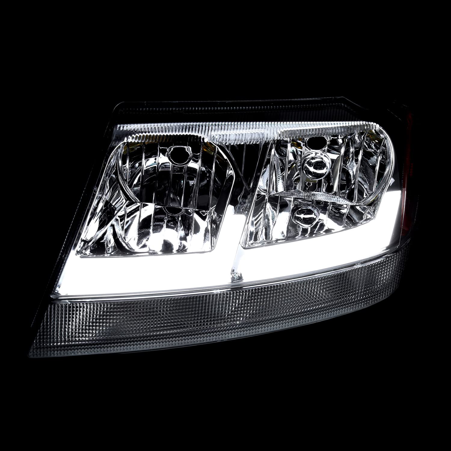 Chrome Headlights SPEC-D TUNING with Fiber Optic LED Strips Compatible with 1999-2004 Jeep Grand Cherokee, Left + Right Pair Headlamp Assembly