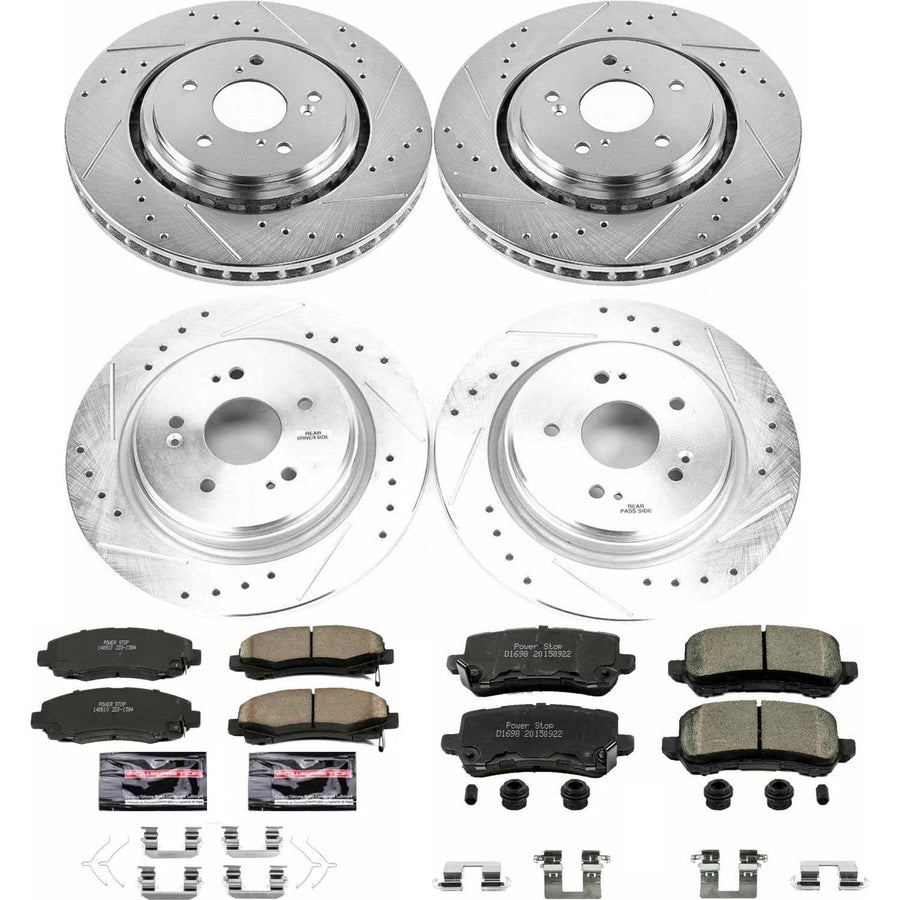 Power Stop K7284 Z23 Carbon Fiber Brake Pads Front and Rear with Drilled and Slotted Brake Rotors Kit For 2015 2016 2017 2018 2019 2020 Acura TLX