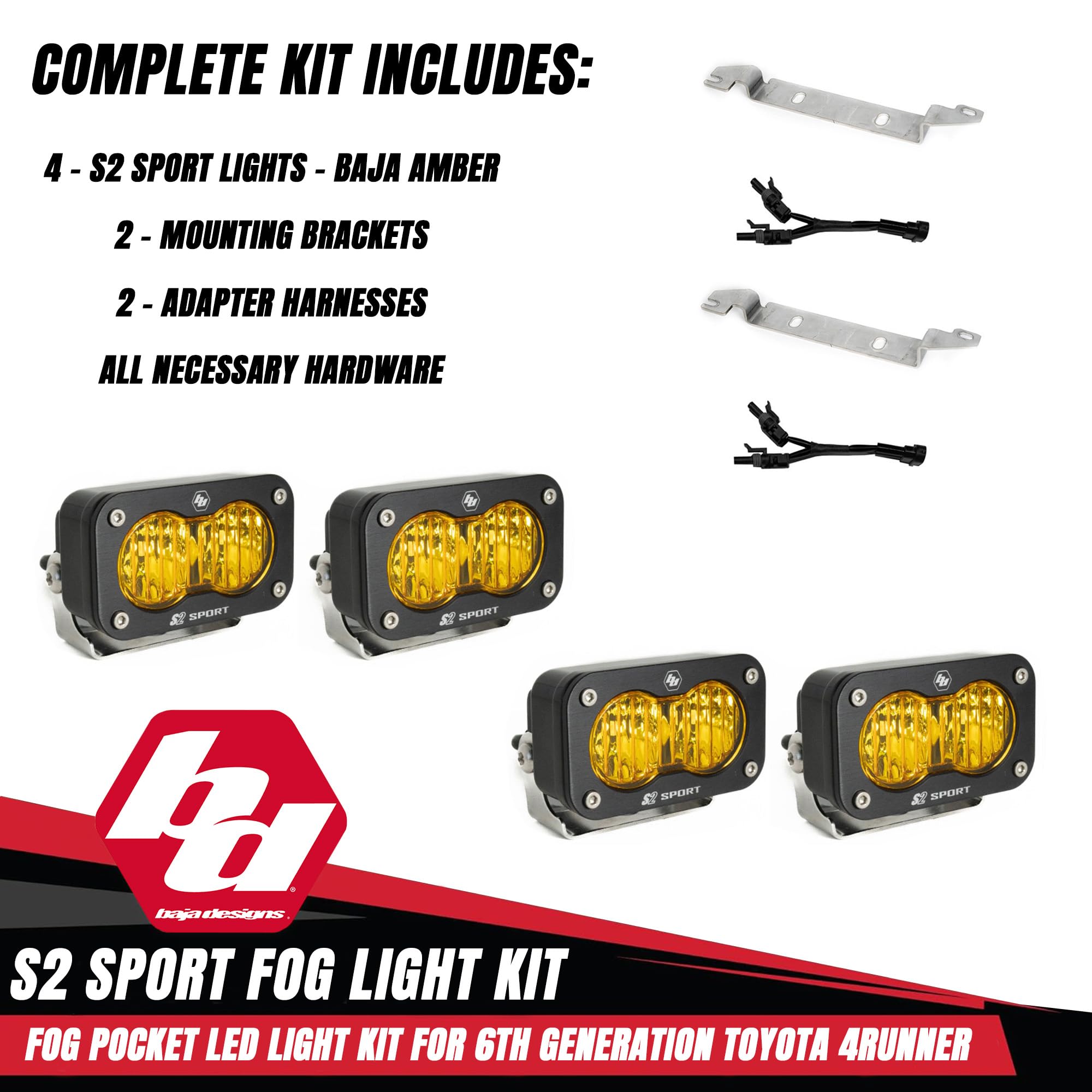 Baja Designs S2 Sport LED Fog Light Kit for 4Runner Toyota 2025+ (Non-TRD Pro) - Street Legal, 4 PCS LED with Mounting Brackets, Adapter Harness - OEM Switch Compatible (Wide Cornering; Baja Amber)