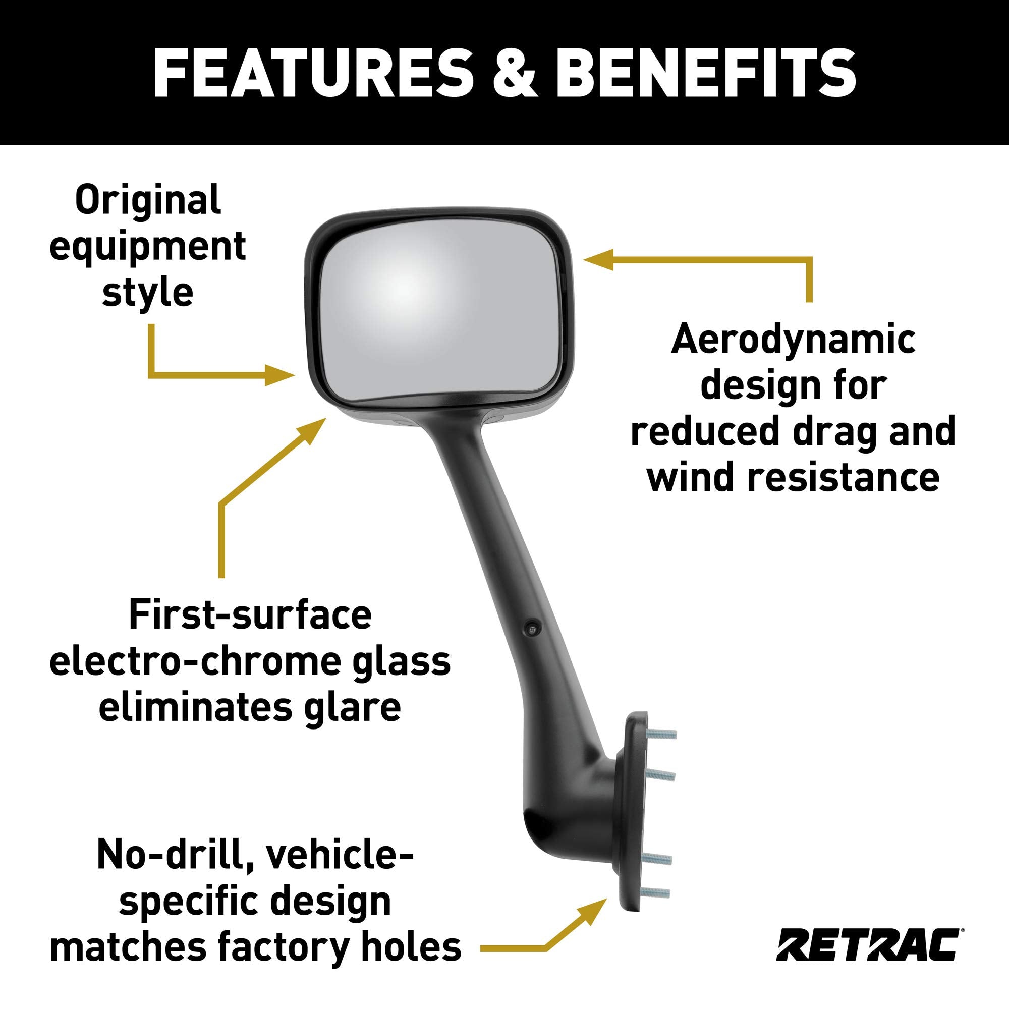 8 x 6-Inch Retrac Pedestal-Mount Driver-Side Convex Mirror Assembly, Black ABS Plastic