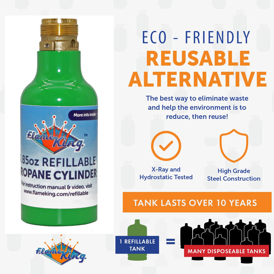 1/4-lb Flame King Empty Refillable Propane Cylinder Tanks - Reusable & Transportable - Safe and Legal Refill Option - UL1769 Listed Valve, Green, 3.85 oz (2-Pack)