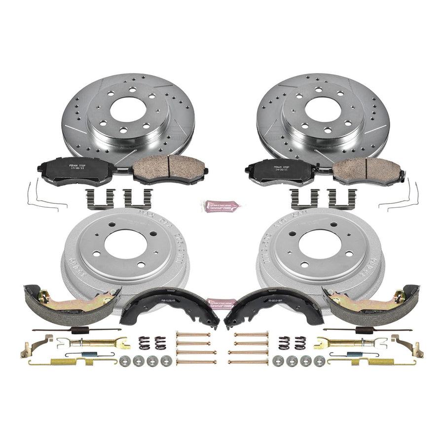 Power Stop K15157DK Z23 Carbon Fiber Brake Pads Front and Rear with Drilled & Slotted Brake Drums Kit For Hyundai Elantra 1998-2001, Hyundai Tiburon 1999 [Model Specific]