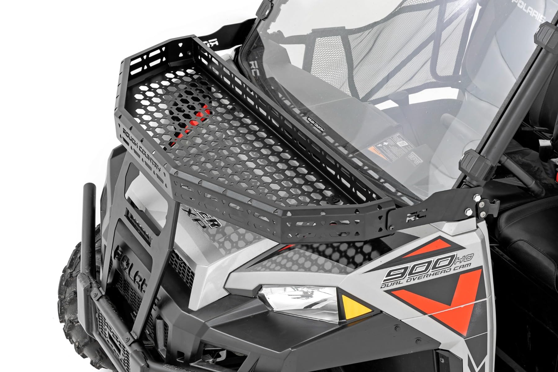 Rough Country Cargo Rack Kit Front for Polaris Ranger XP 900/XP 1000 - Rugged Design with 6" Slimline LED Light Bar & Mesh Tie-Down Panels