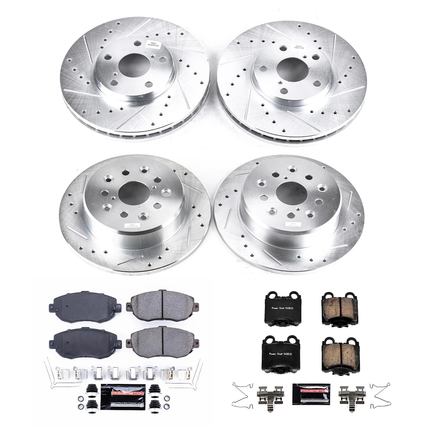 Brake Kit Power Stop For Lexus GS300 GS400 GS430 IS300 SC430 Front and Rear Z23 Carbon Fiber Brake Pads with Drilled and Slotted Brake Rotors K1079