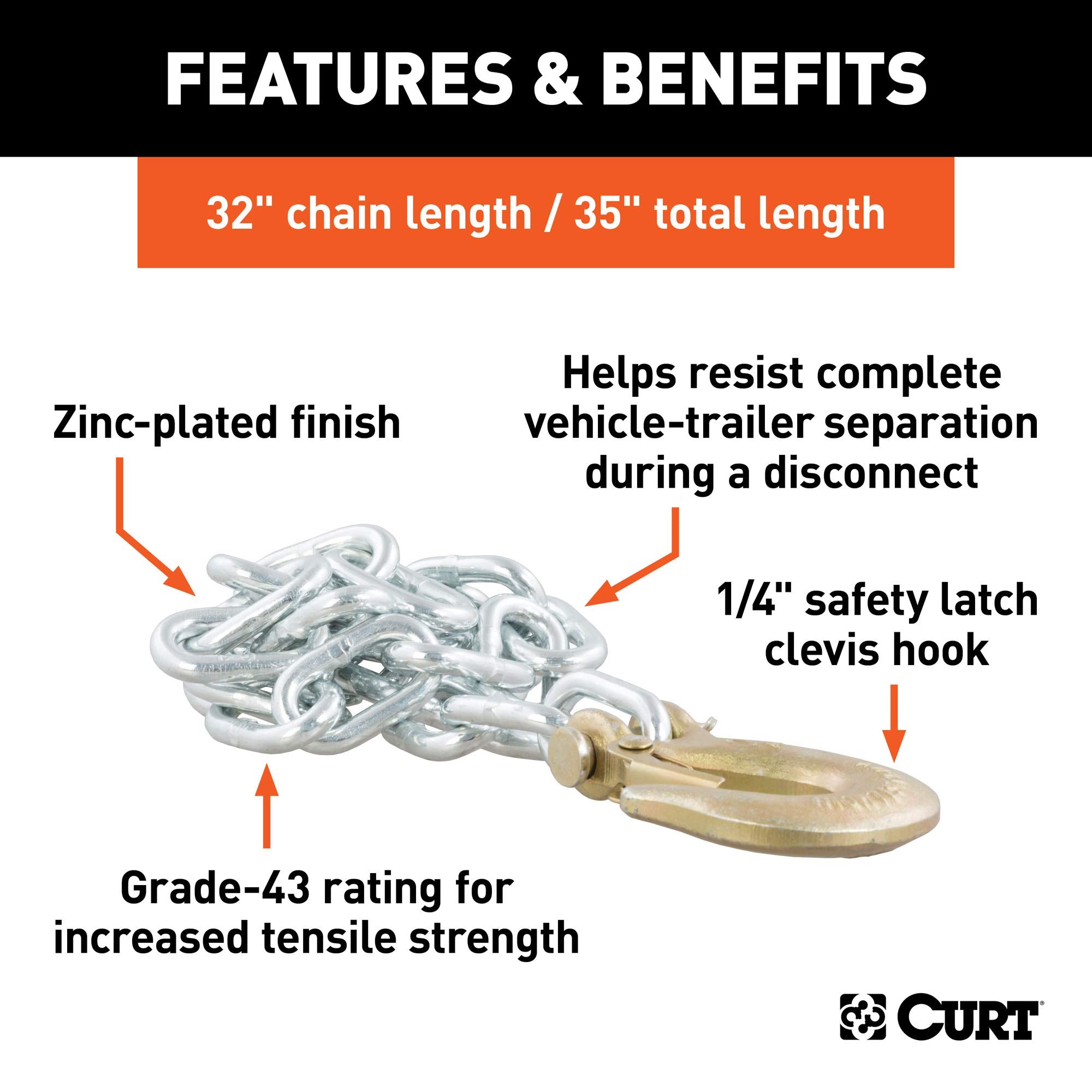 CURT 35-Inch Trailer Safety Chain with 1/4-In Clevis Snap Hook, 7,800 lbs Break Strength