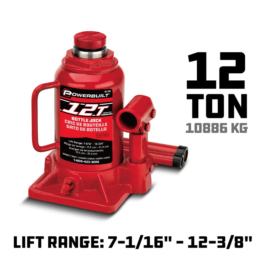Powerbuilt 12-Ton Heavy Duty Bottle Jack, 24000-Pound Capacity Hydraulic Car Lift, Vehicles, Trucks, Red 647502