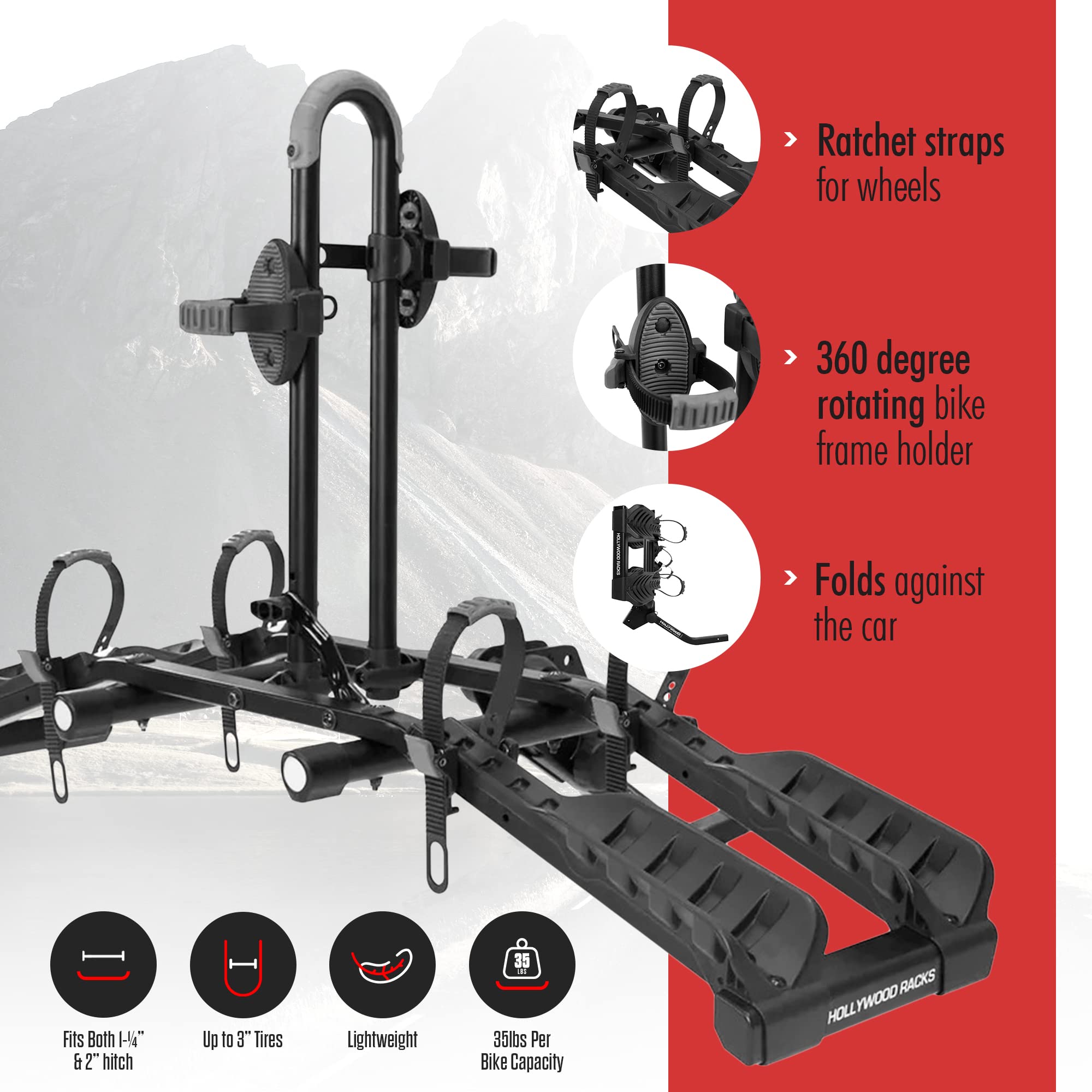 Destination 2 Hollywood Racks Hitch Bike Rack, Transports 2 Bikes up to 35 lbs Each - Lightweight Platform Style Bike Carrier for Car, SUV, or Truck - Secure, Foldable Bicycle Car Racks
