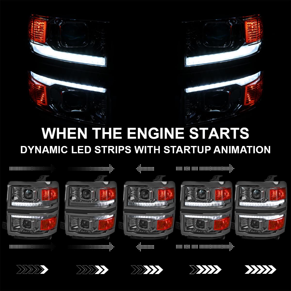 Chrome w/Silver Trim SPEC-D TUNING Projector Headlights w/Sequential Switchback LED Strip and Startup Animation Compatible with 2014-2015 Chevy Silverado 1500, Left + Right Pair Headlamps Assembly