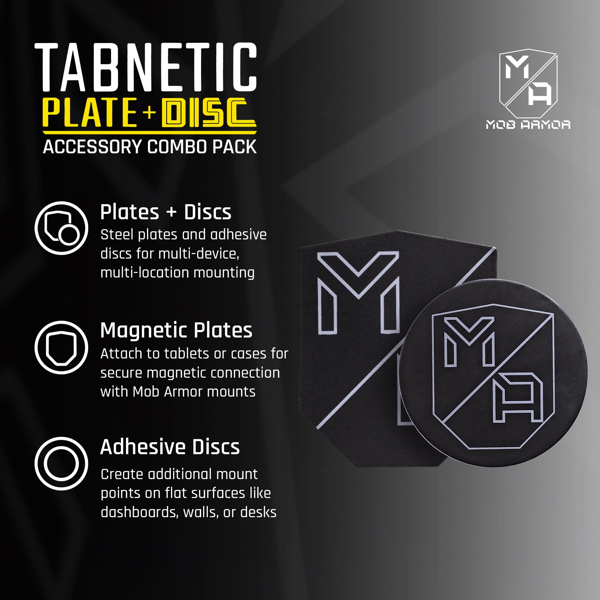 TabNetic Mob Armor Combo Pack - Magnetic Tablet Mounting Solution with Heavy Duty Metal Plate, Adjustable Mounting Disc and Strong 3M VHB Non-Marking Adhesive Magnet Stickers for Car Tablet Mount