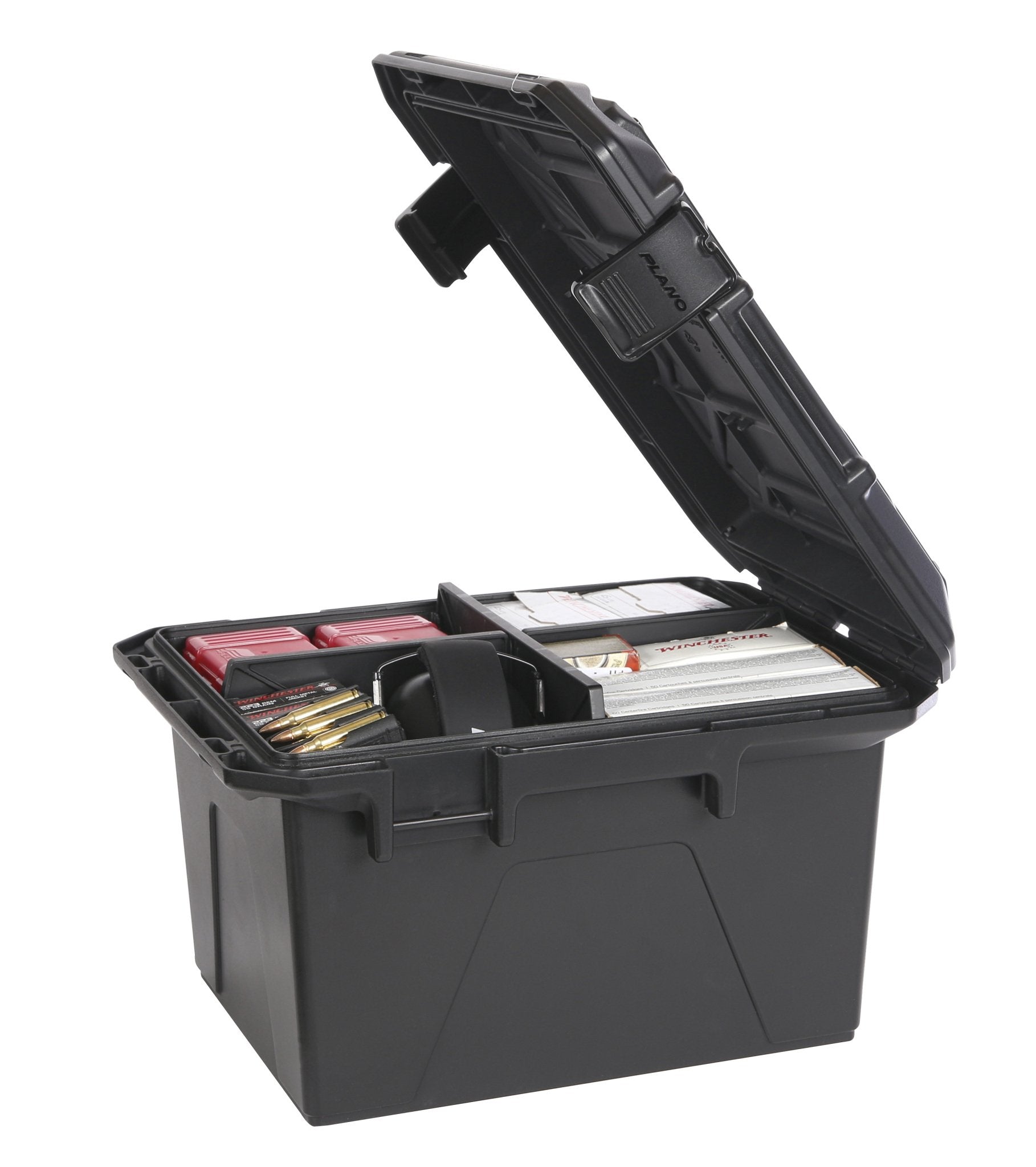 Black Plano Ammo Crate, Lockable Plastic Ammunition Storage Box, Water-Resistant Protection with Interlocking Foam and Removable Dividers