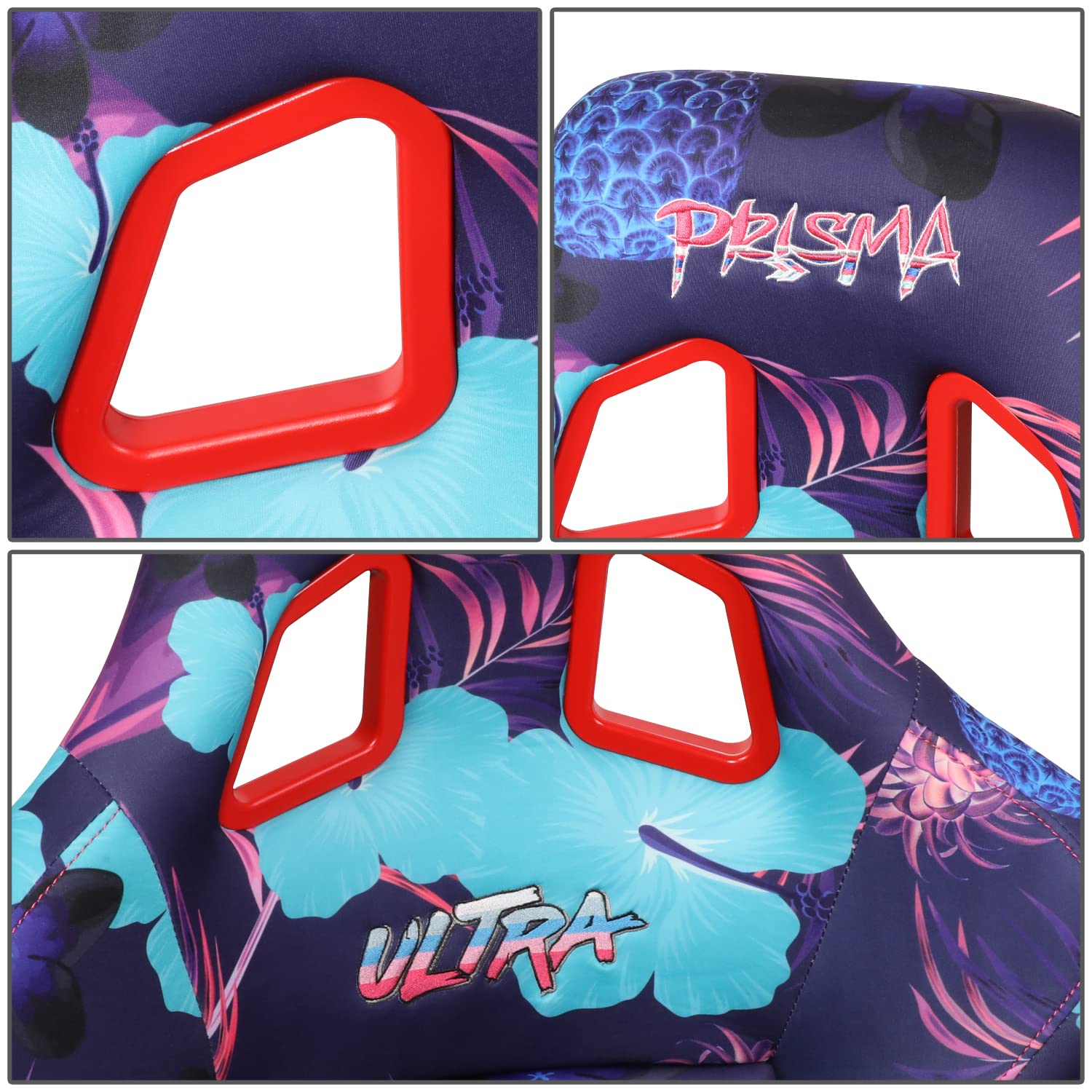 NRG Innovations Prisma FRP-302-PINA Fixed Back Bucket Racing Seat with Bottom Mount Bracket, Invert Tropical Print/Purple Sparkled Paint Back