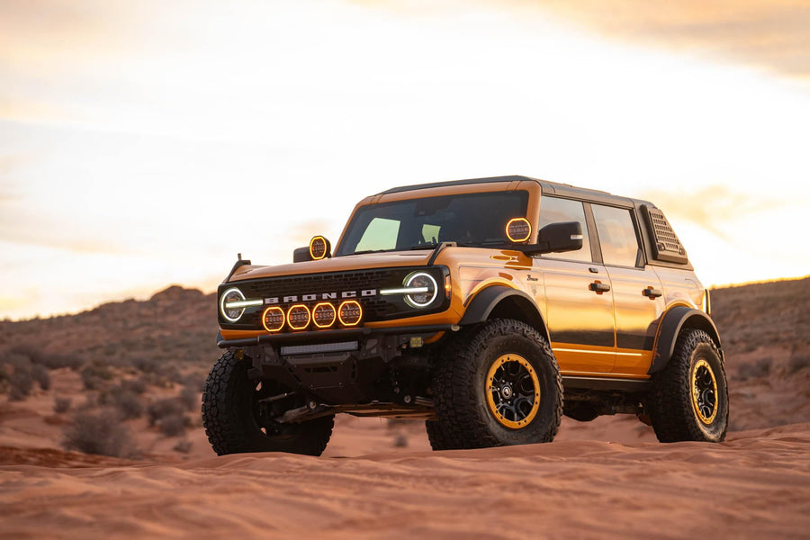 Front Bumper DV8 Offroad Tube Series for 2021-2025 Ford Bronco | Ultra High-Clearance Design | Center Light Mount | Prerunner Style Bolt-On Light Hoop | Recovery Points | Front Skid Plate | Steel