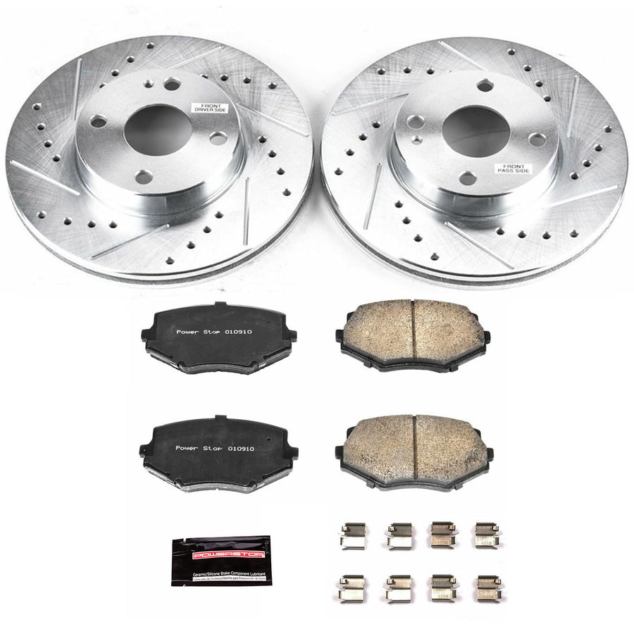 Power Stop K793 Z23 Carbon Fiber Brake Pads with Drilled & Slotted Brake Rotors Kit For Mazda Miata 1994-1997, Mazda Miata 1999-2005 [Model Specific]