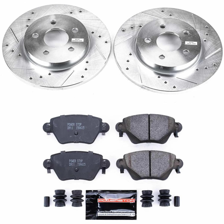 Rear Power Stop K1390 Z23 Carbon Fiber Brake Pads with Drilled & Slotted Brake Rotors Kit For Jaguar X-Type 2002-2005 [Model Specific]