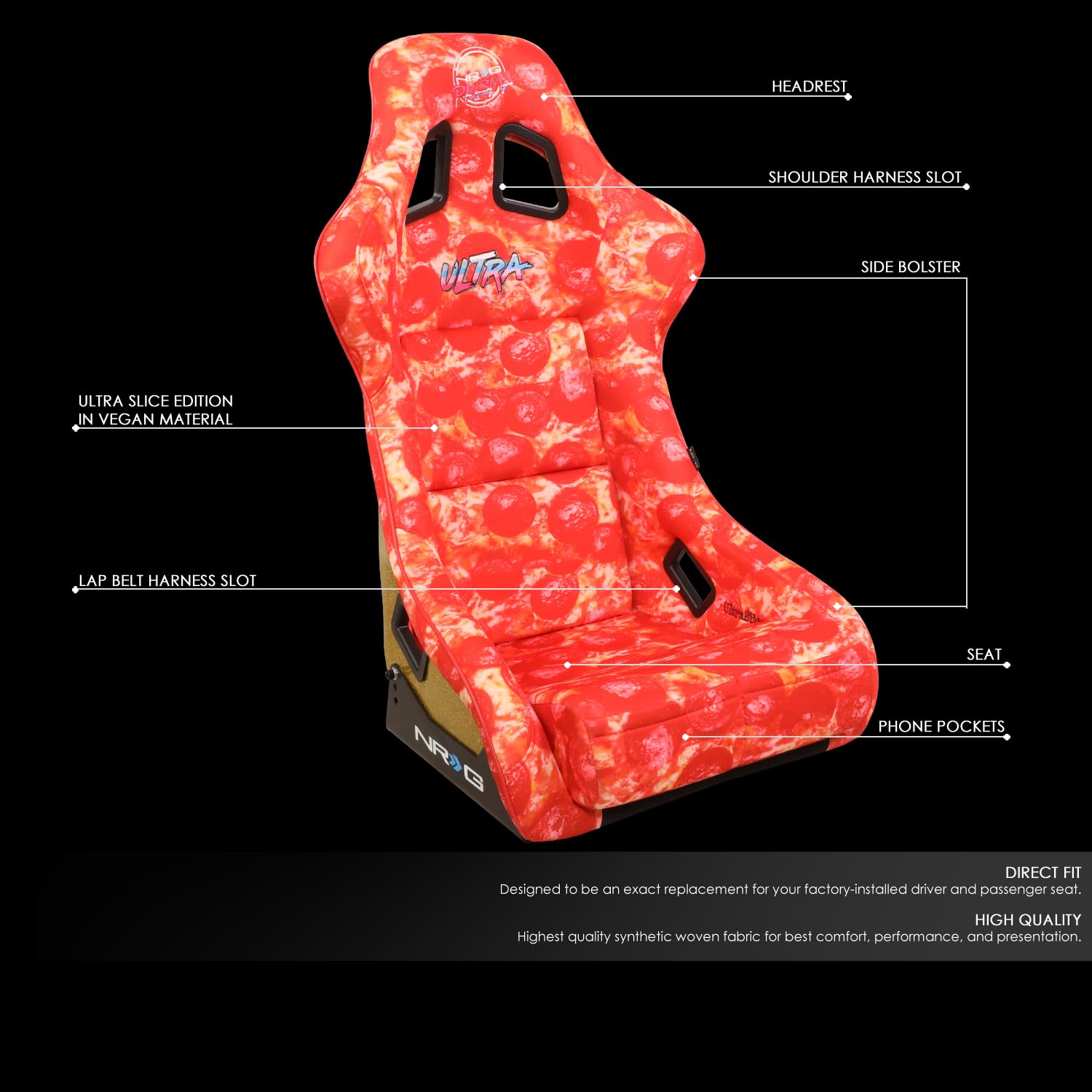 NRG Innovations FRP Bucket Seat NRG-FRP-302-PIZZA PRISMA-ULTRA Slice Edition with Gold Back Pizza Microfiber Finish Vegan Material Plus Phone Pockets. (Large)