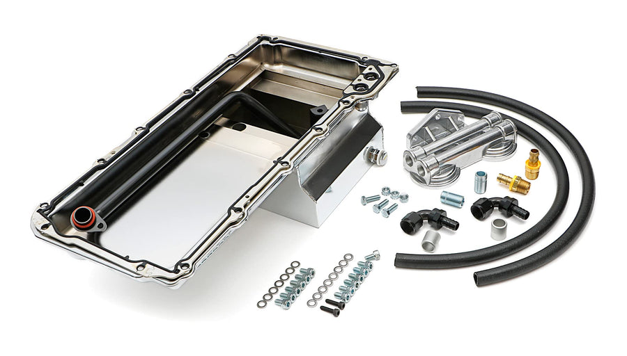 LS SWAP OIL PAN/FILTER RELOCATION KIT - TRANS-DAPT PERFORMANCE; DOUBLE FILTER; HORIZONTAL PORT; CHROME PAN (0185)