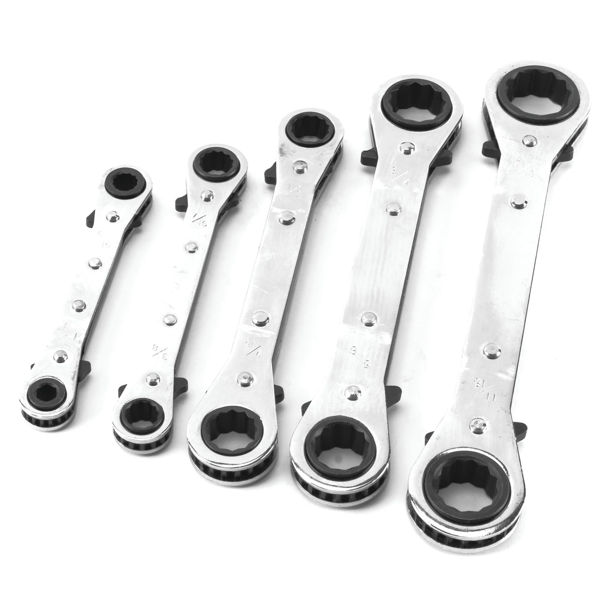 W709 Performance Tool SAE Reversible Ratcheting Wrench Set with 12 Point Box Ends, 5 Piece, 1/4-Inch to 11/16-Inch Sizes and Reusable Storage Rack